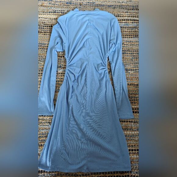 Dress Blue Bodycon L/S Ruched Cut Out Rib Drawstring L Ribbed Stretch Sexy Clubb - Picture 7 of 7